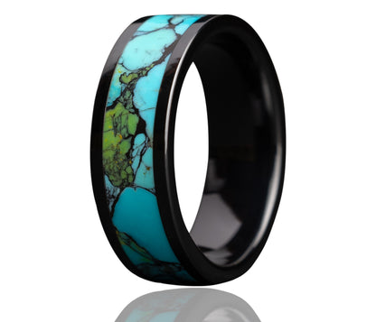 Black Ceramic Inlay Teal Green Turquoise Ring