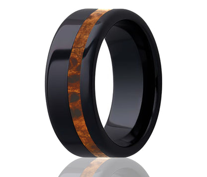 Black Ceramic Inlay Burl Wood Offset Ring