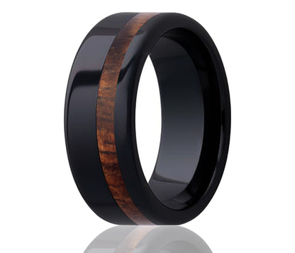 Black Ceramic Inlay Koa Wood Offset Ring