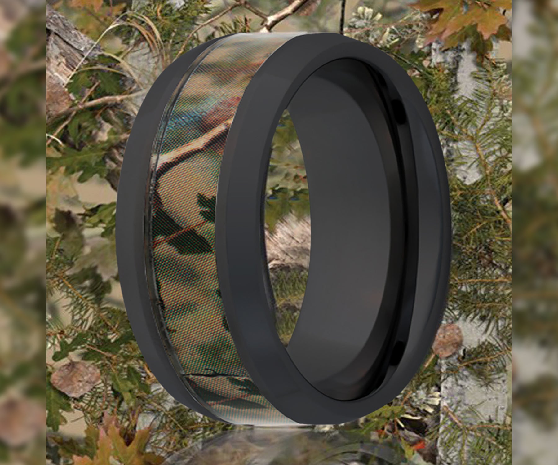 Black Ceramic Camo Woodland Pine Beveled Edge Ring