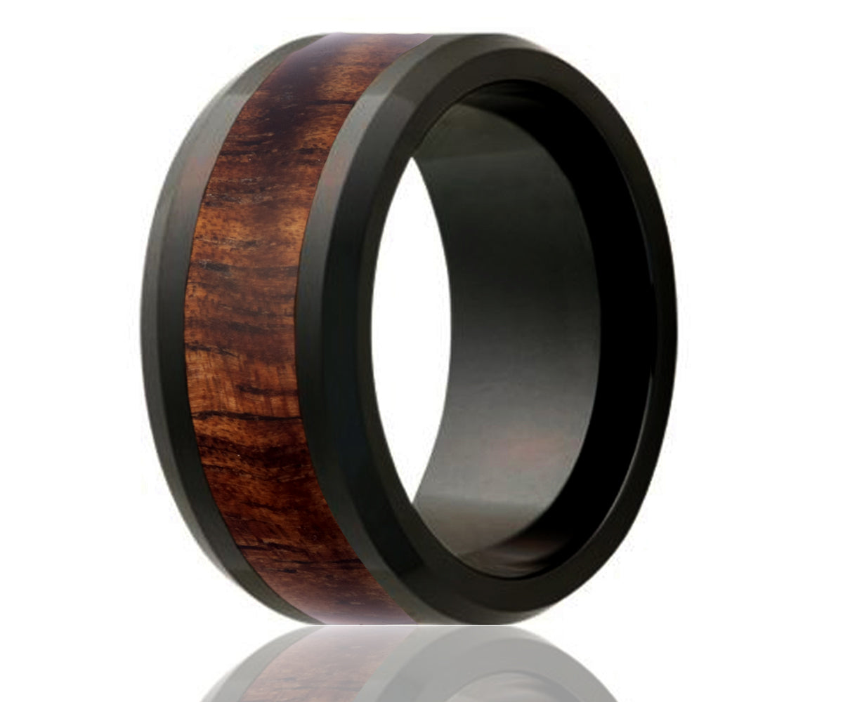 Black Ceramic Inlay Koa Wood Beveled Edge Ring