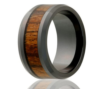 Black Ceramic Inlay Zebra Wood Beveled Edge Ring
