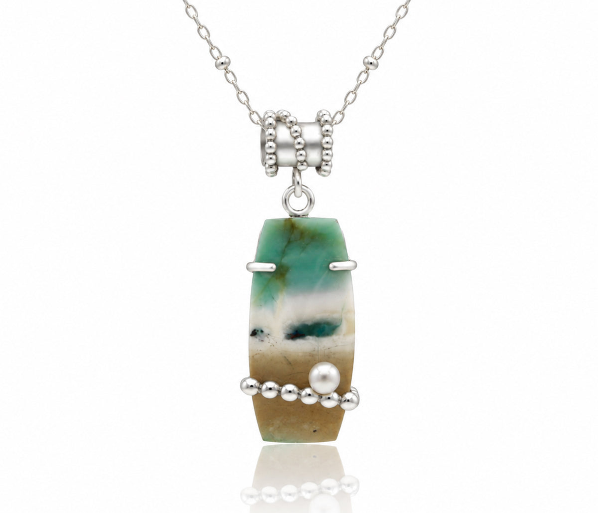 Beach Opal Petrified Wood Pearl Beaded Necklace