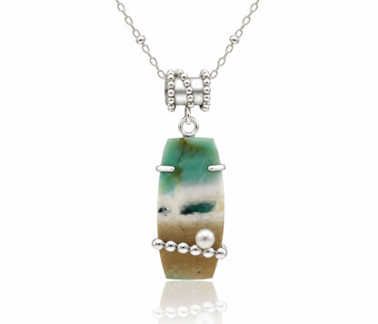 Beach Opal Petrified Wood Pearl Beaded Necklace