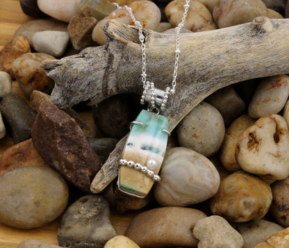 Beach Opal Petrified Wood Pearl Beaded Necklace