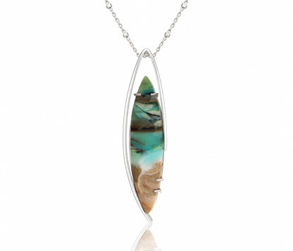 Beach Opal Petrified Wood Elongated Necklace