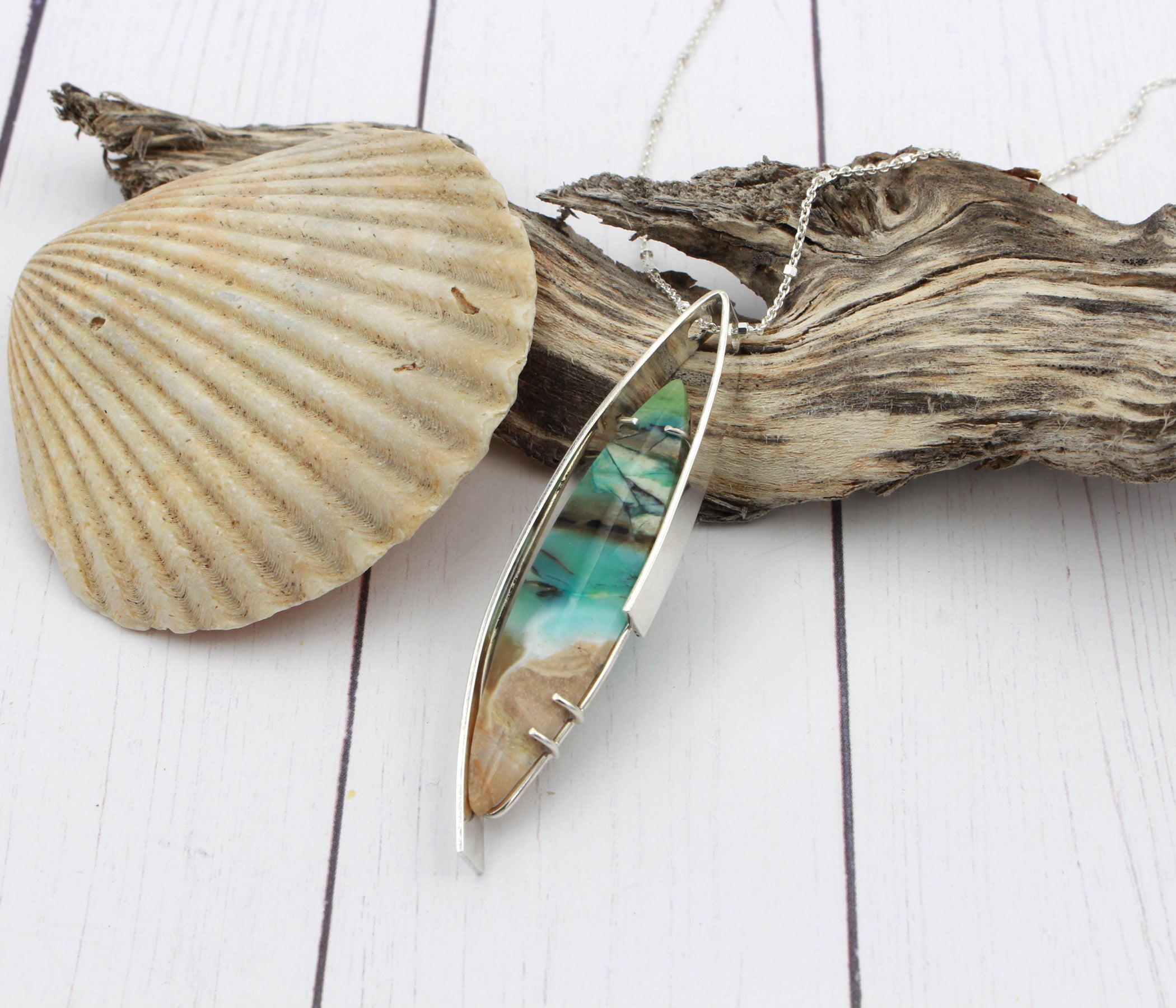 Beach Opal Petrified Wood Elongated Necklace