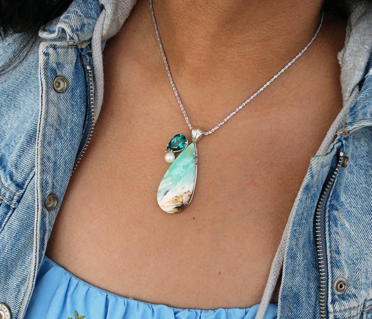 Beach Opal Petrified Wood Topaz Pearl Necklace