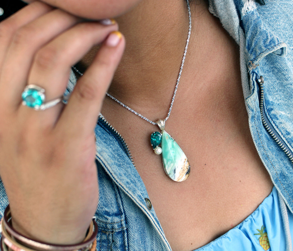 Beach Opal Petrified Wood Topaz Pearl Necklace