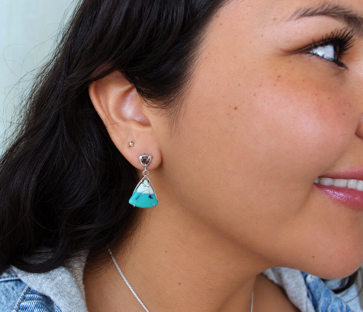 Beach Opal Petrified Wood Triangular Earrings