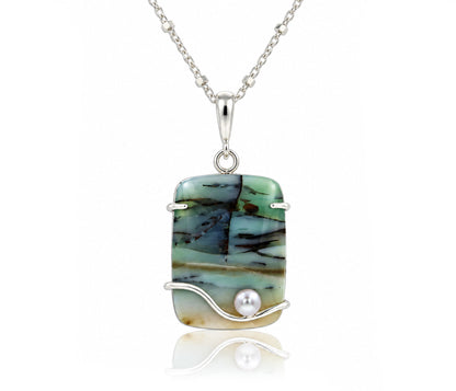 Beach Opal Petrified Wood Rectangular Wave Pearl Necklace