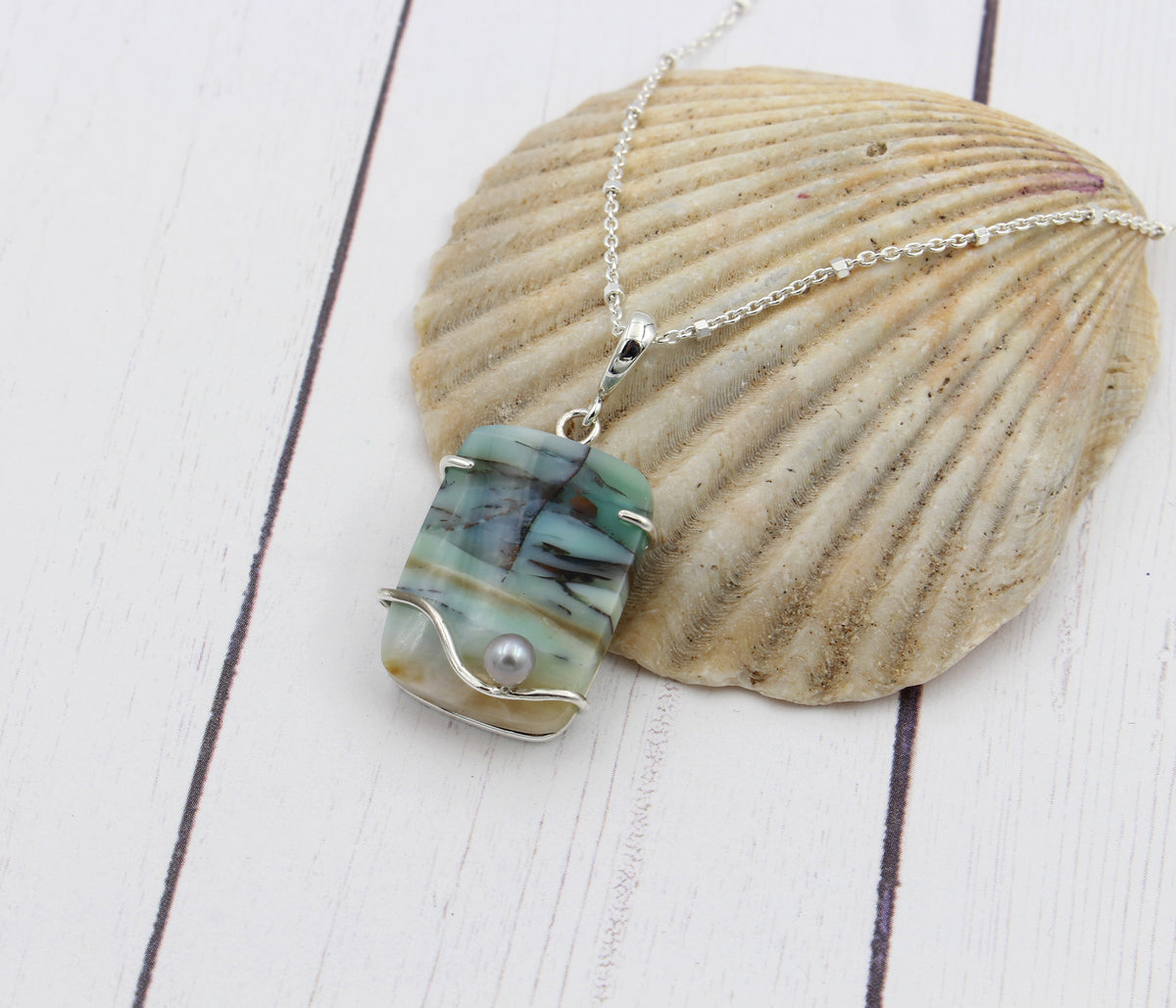 Beach Opal Petrified Wood Rectangular Wave Pearl Necklace