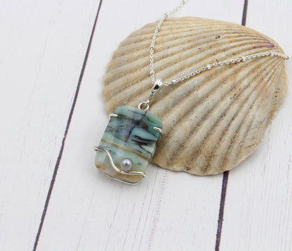 Beach Opal Petrified Wood Rectangular Wave Pearl Necklace