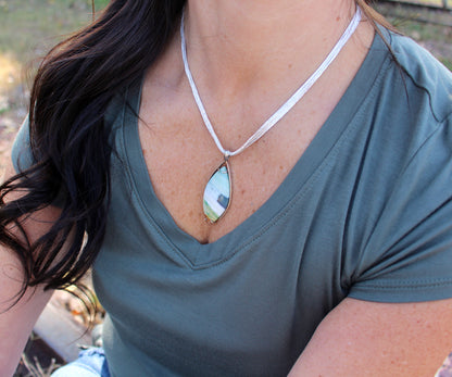 Beach Opal Petrified Wood Large Marquise Necklace