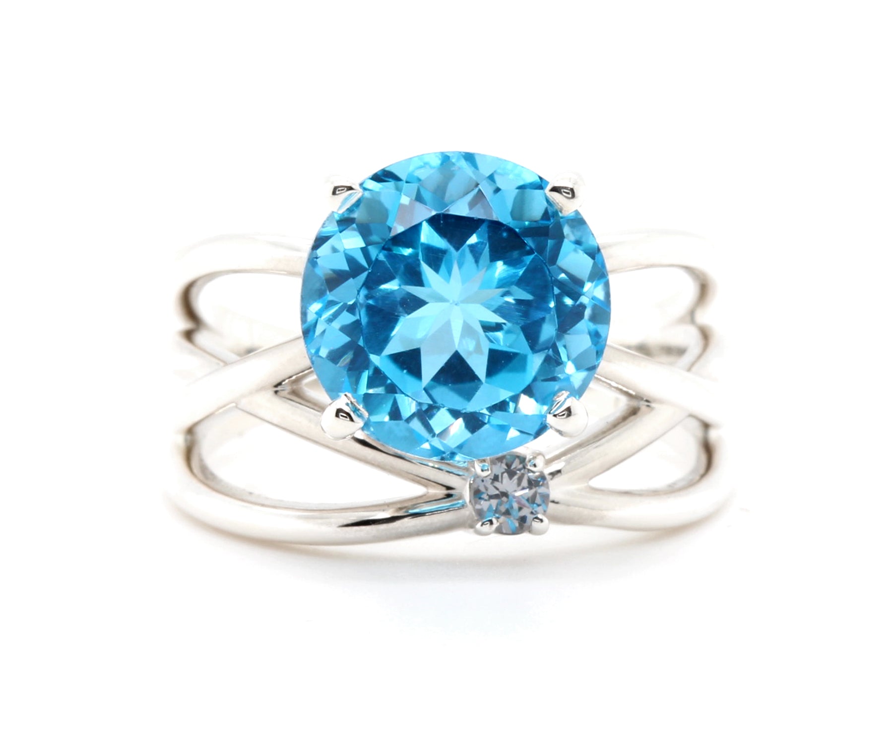 Large Swiss Blue Topaz and Gray Spinel Weave Criss Cross Silver Ring