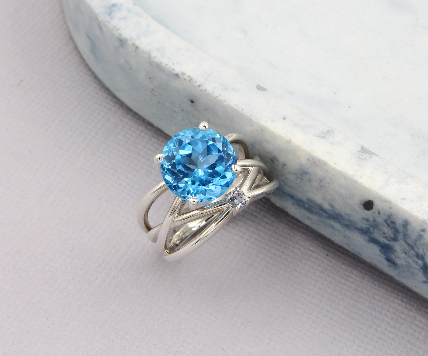 Large Blue Topaz Weave Silver Ring