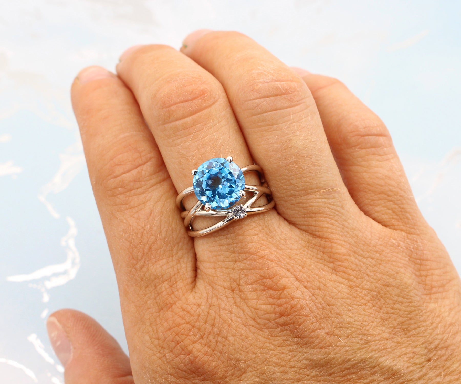 Large Blue Topaz Weave Silver Ring