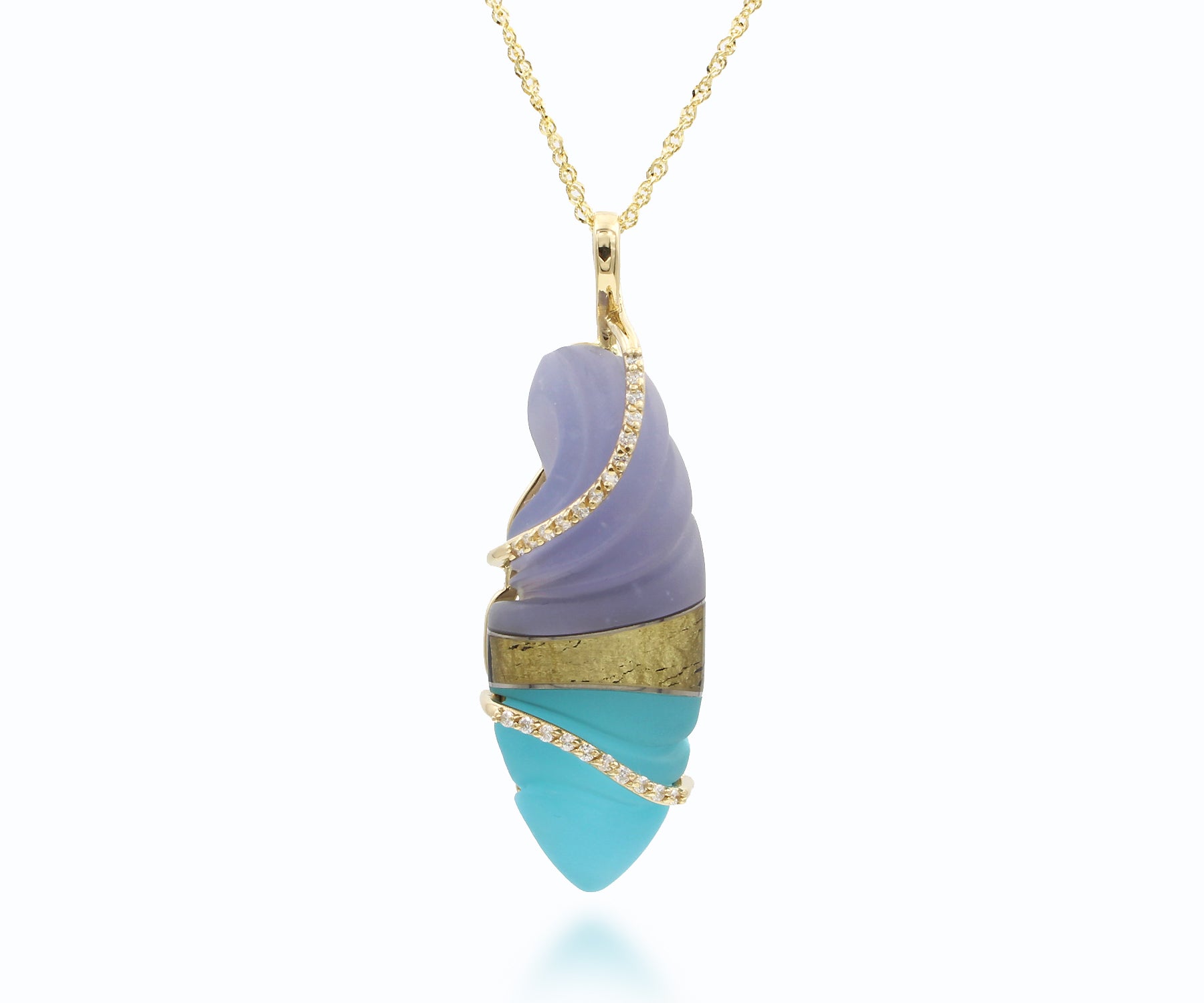 Artistic Carved Chalcedony Diamond Gold Necklace