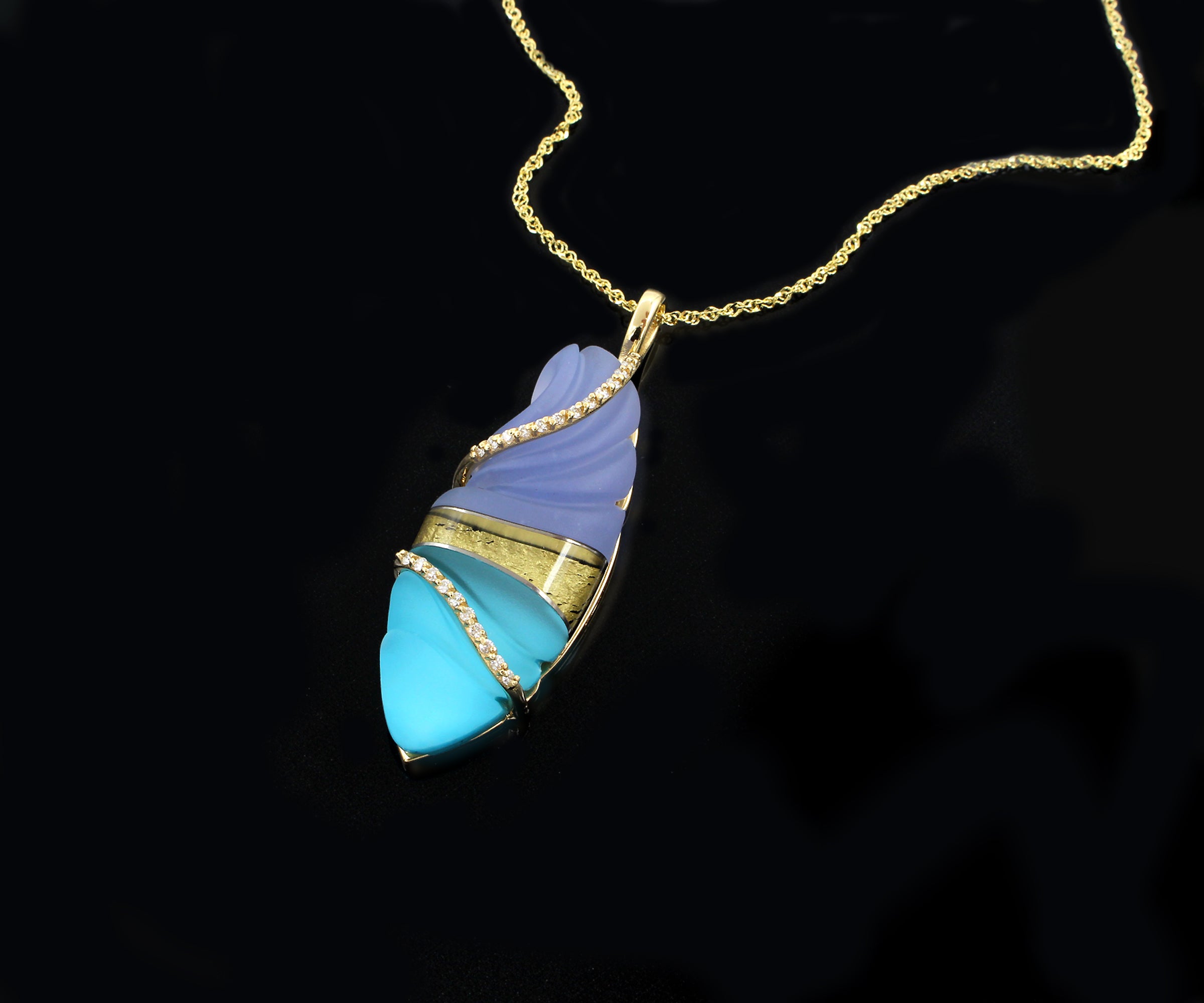 Artistic Carved Chalcedony Diamond Gold Necklace