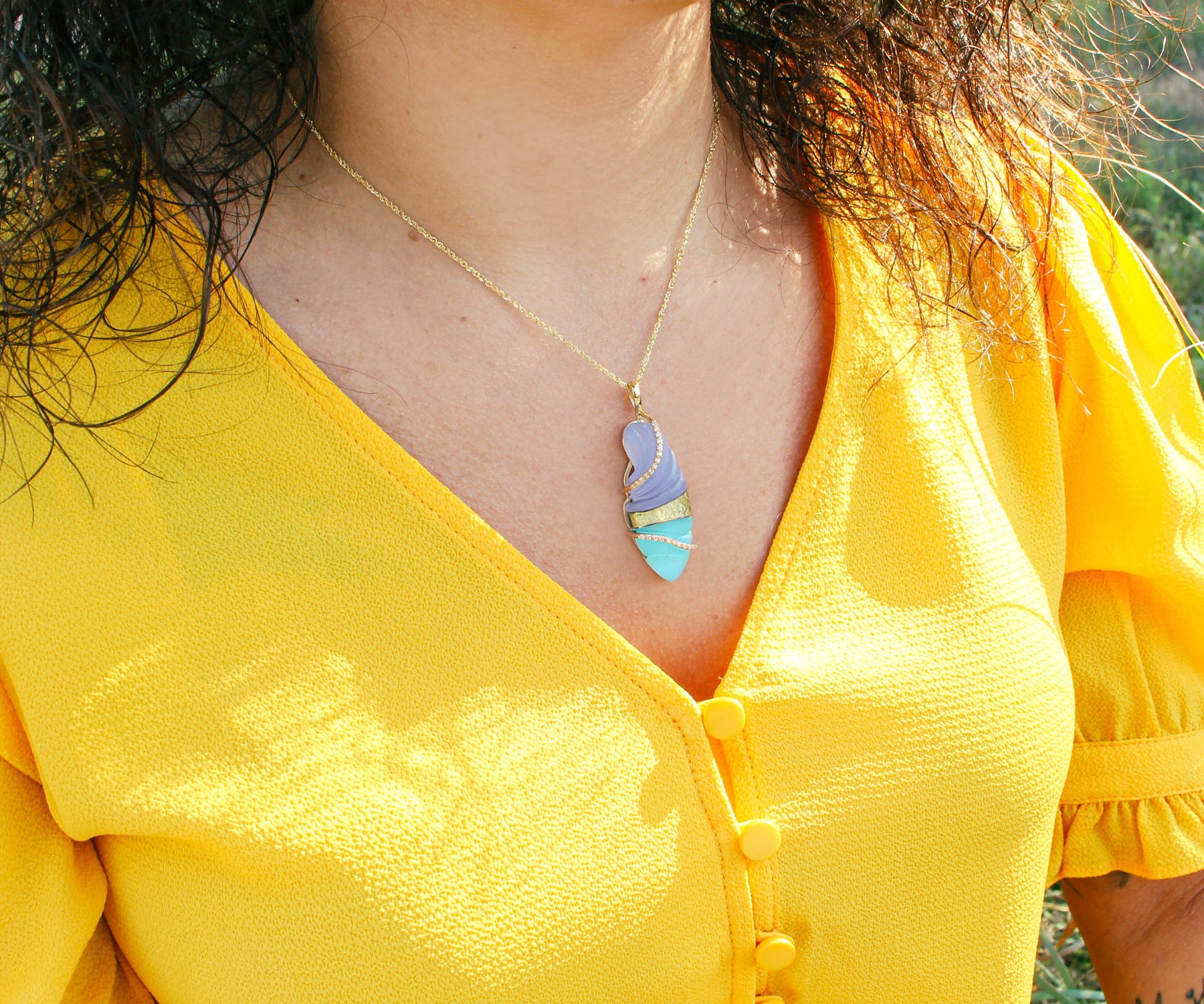 Artistic Carved Chalcedony Diamond Gold Necklace