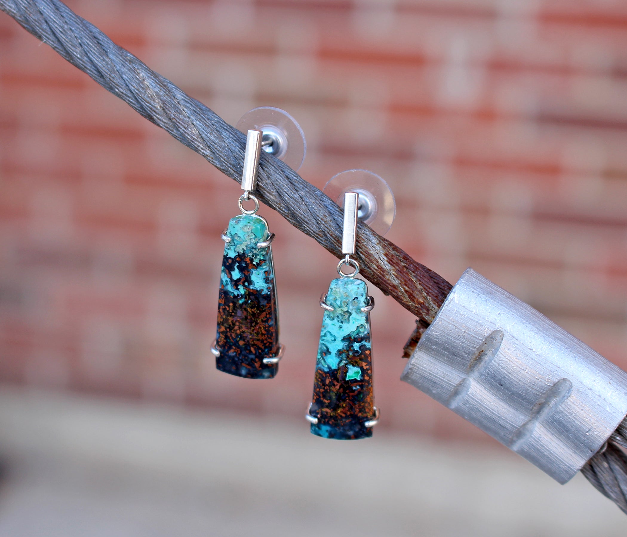 Chrysocolla Dangling Bar Silver Earrings