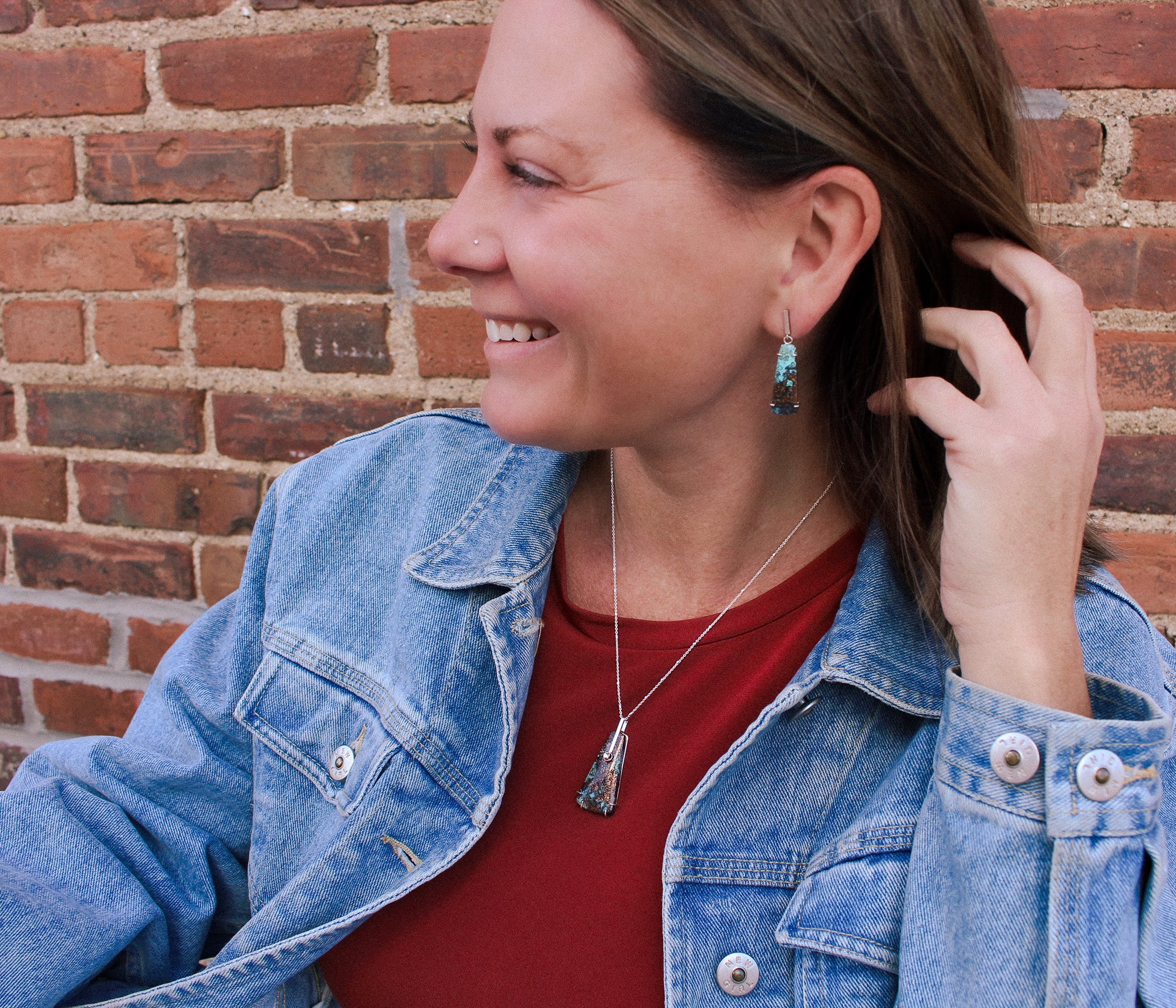 Chrysocolla Dangling Bar Silver Earrings
