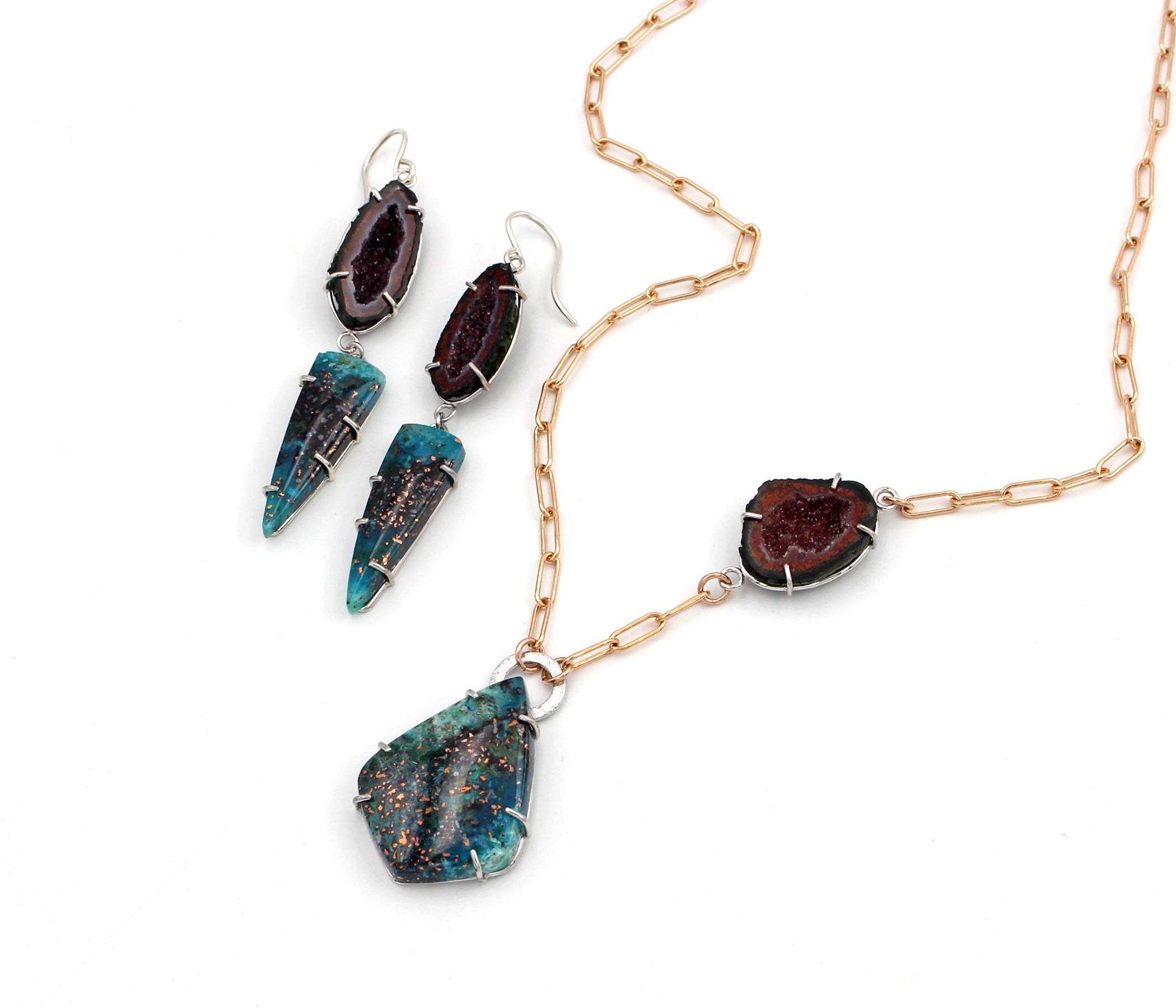 Confetti Chrysocolla Turquoise Geode Earrings and Necklace Rose Gold Set