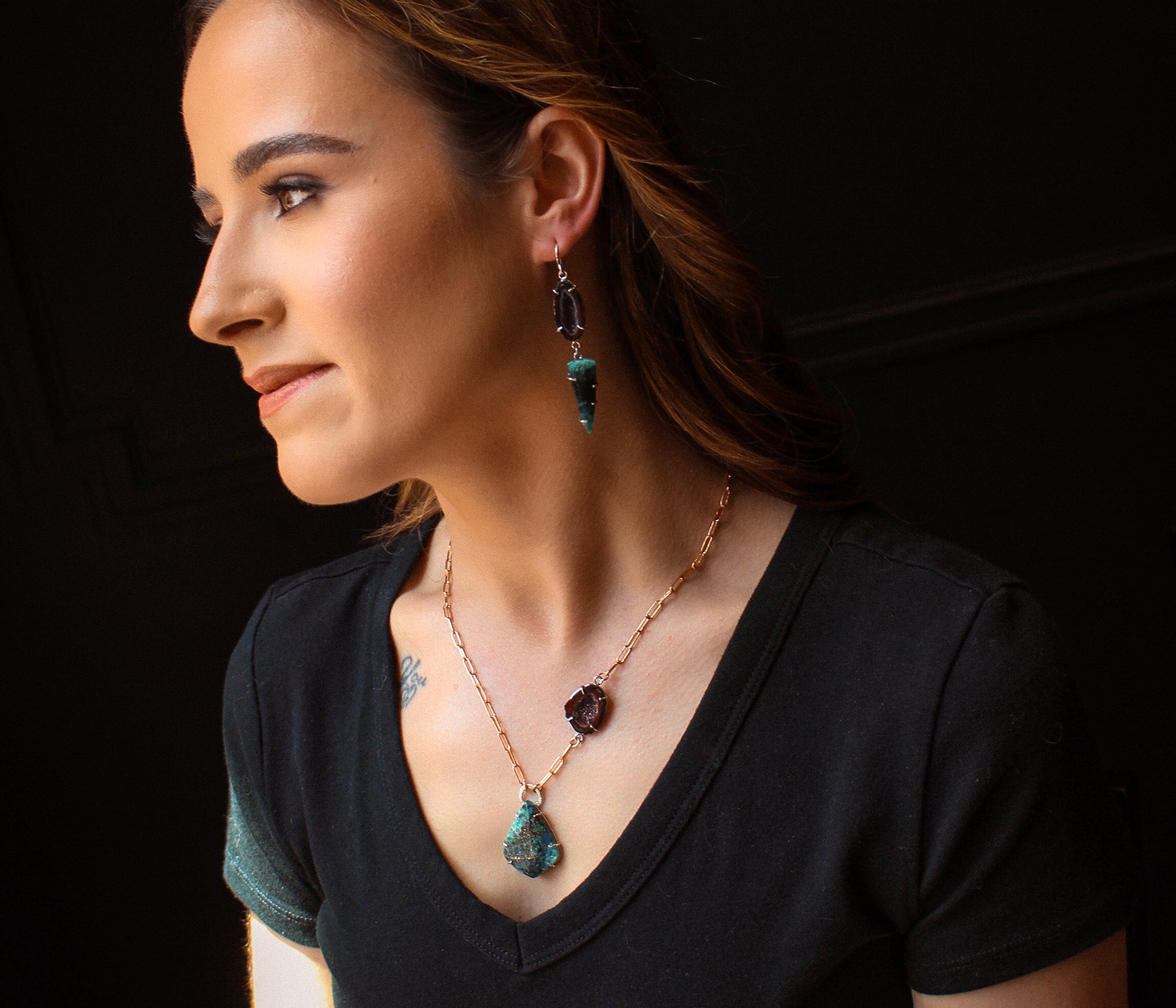 Confetti Chrysocolla Turquoise Geode Earrings and Necklace Rose Gold Set