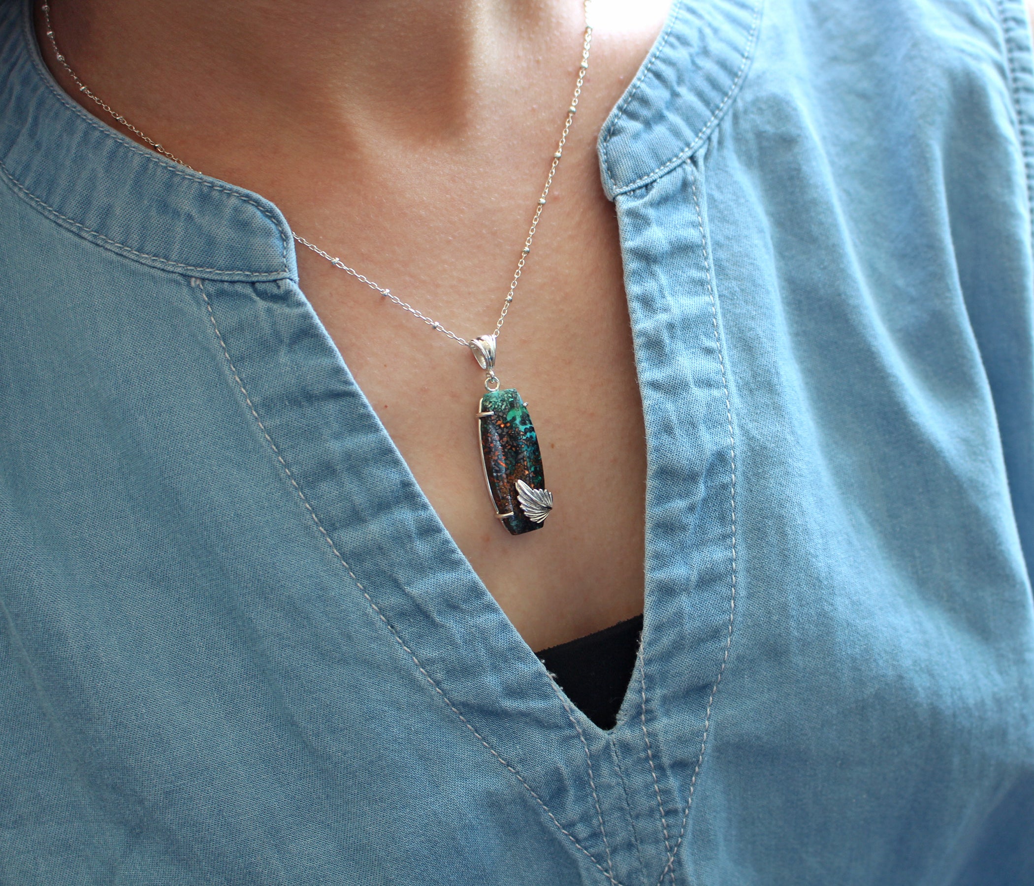 Confetti Chrysocolla Silver Leaf Necklace