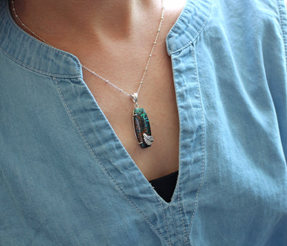 Confetti Chrysocolla Silver Leaf Necklace