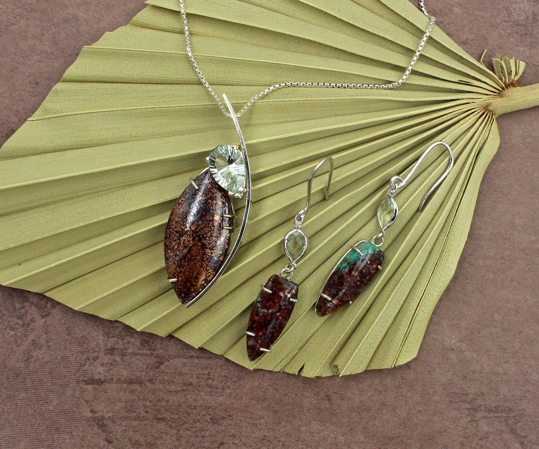 Copper Chrysocolla Green Amethyst Matching Necklace and Earrings