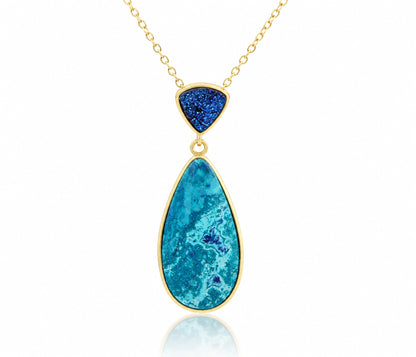 Double Drop Chrysocolla Blue Druzy Gold Necklace