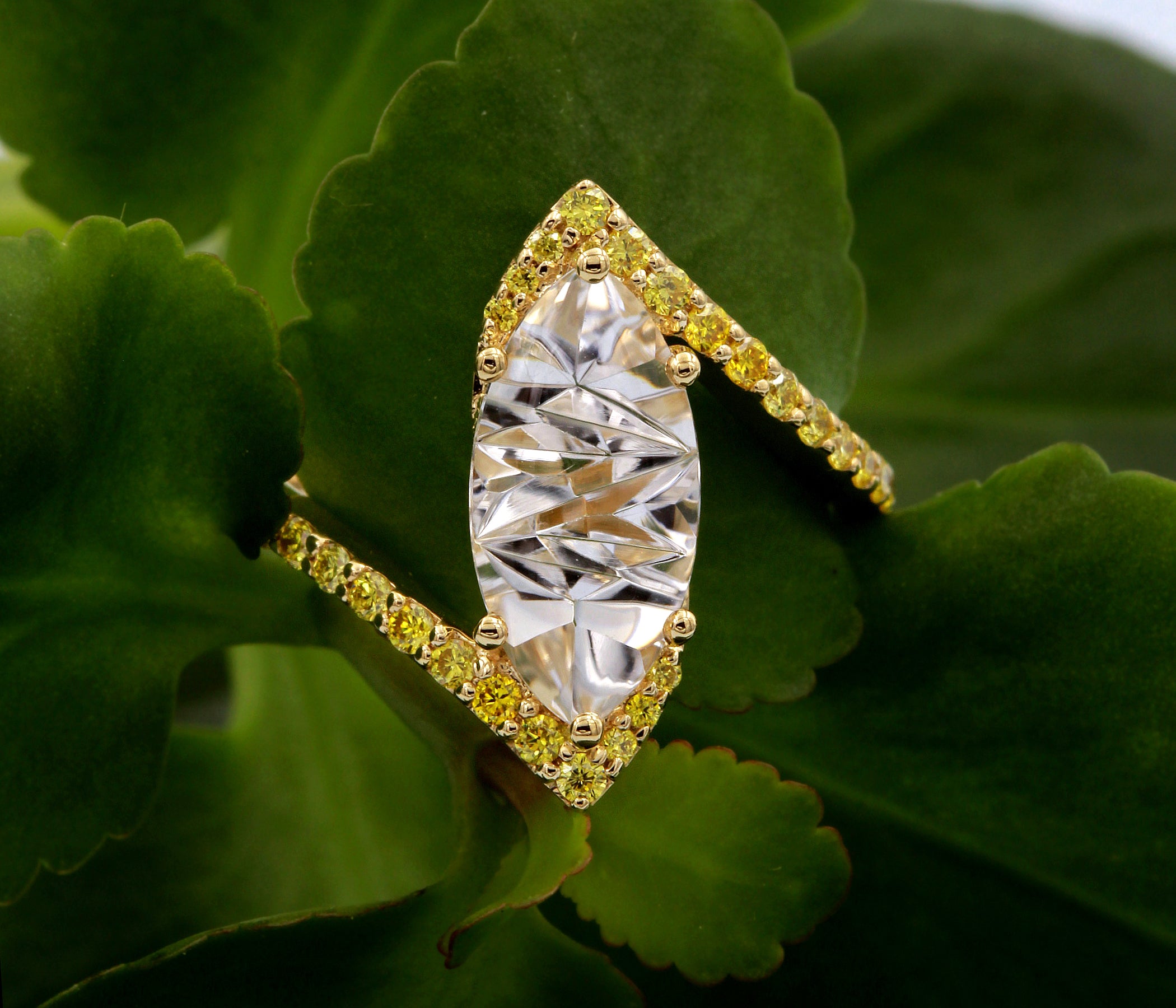 Marquise White Quartz Bypass Yellow Diamond Ring