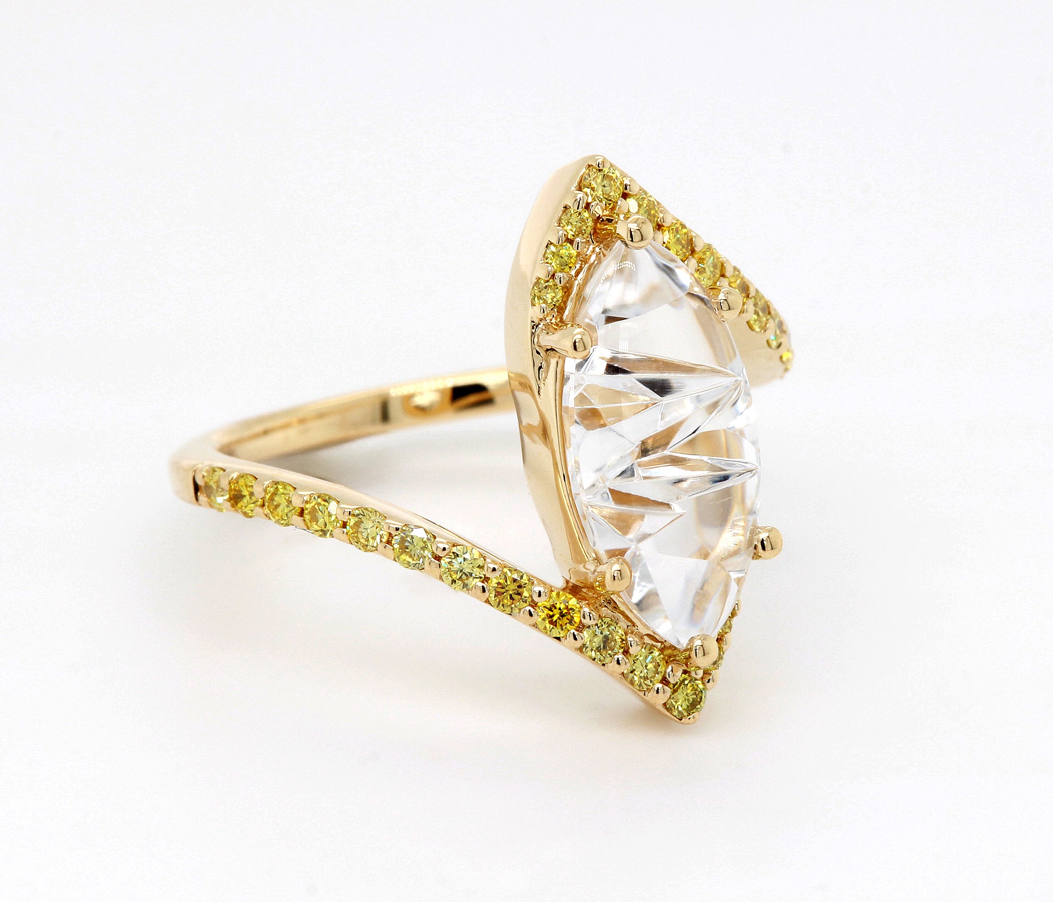 Marquise White Quartz Bypass Yellow Diamond Ring