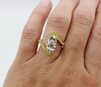 Marquise White Quartz Bypass Yellow Diamond Ring