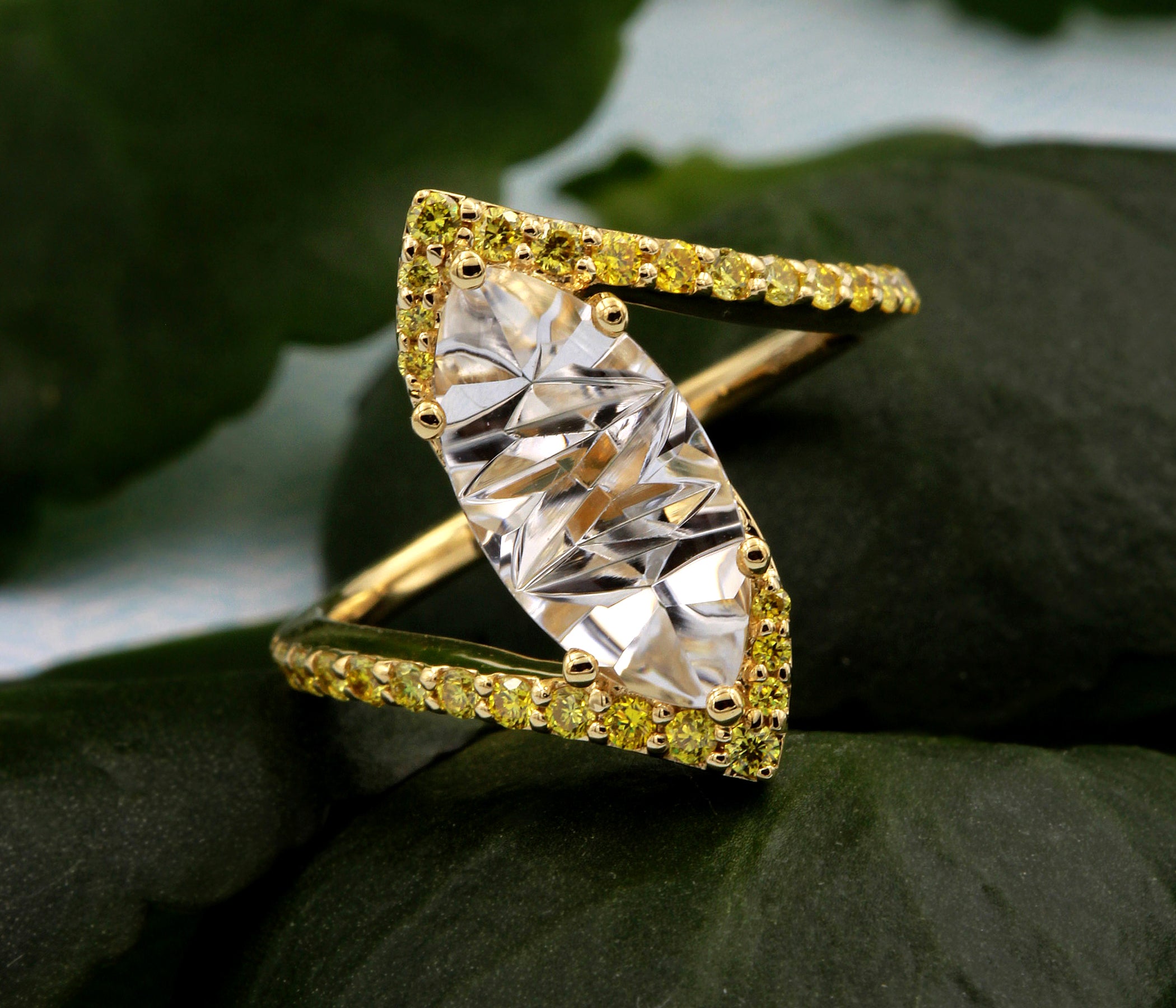 Marquise White Topaz Bypass Yellow Diamond Ring