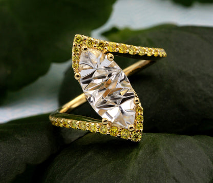 Marquise White Topaz Bypass Yellow Diamond Ring