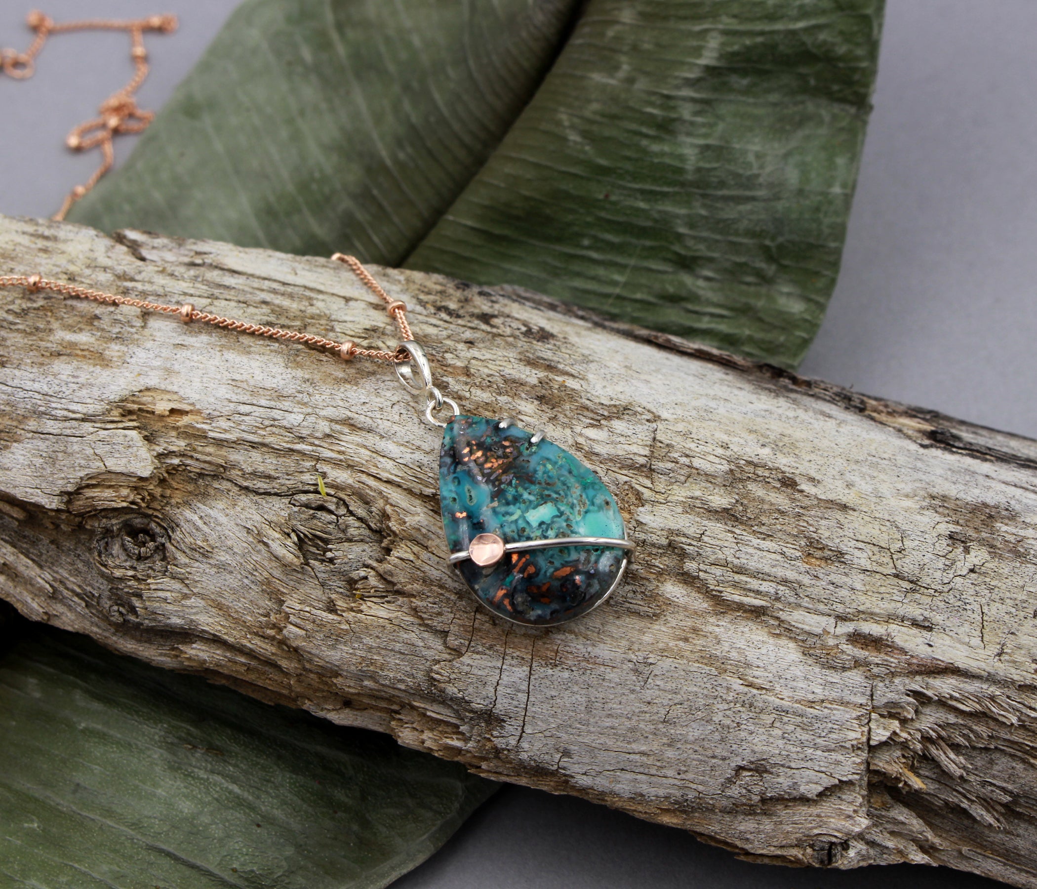 Teardrop Confetti Chrysocolla Rose Gold Dimple Necklace