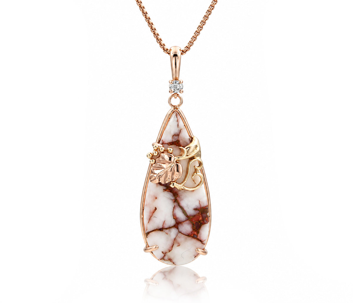 Teardrop Inlay Copper Quartz Blackhills Leaf Rose Gold Necklace