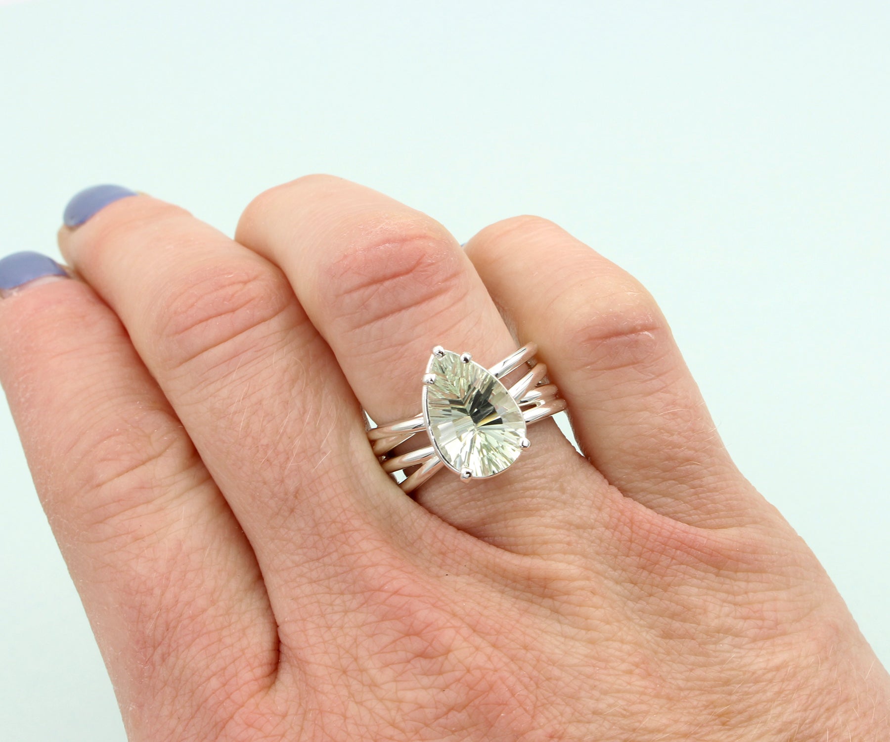 Multirow Criss Cross Green Amethyst Teardrop Ring
