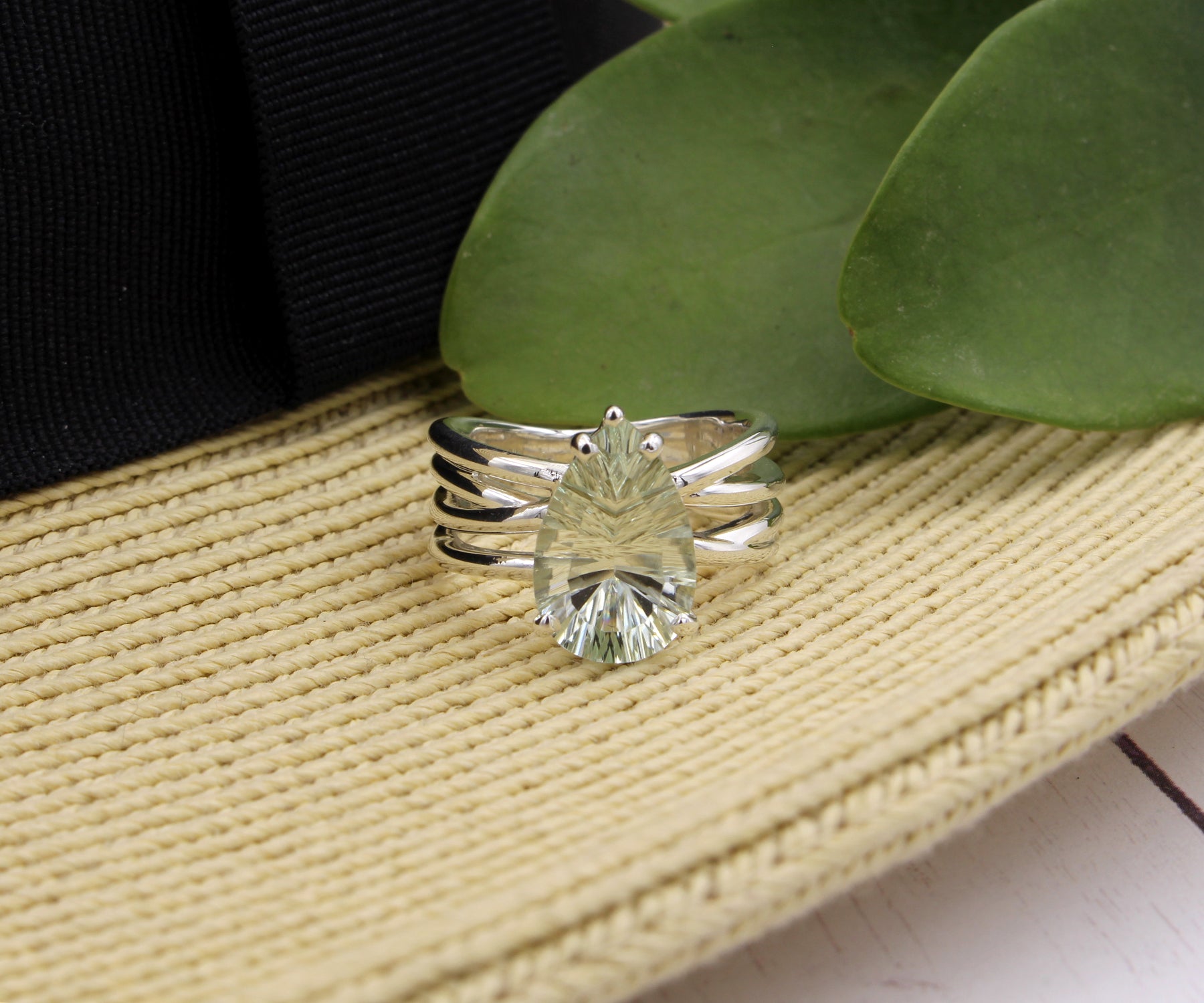 Multirow Criss Cross Green Amethyst Teardrop Ring