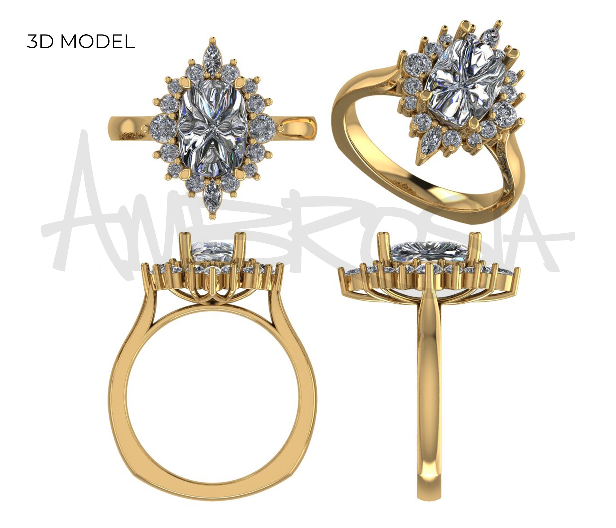 Elongated Cushion Starburst Halo Engagement Ring