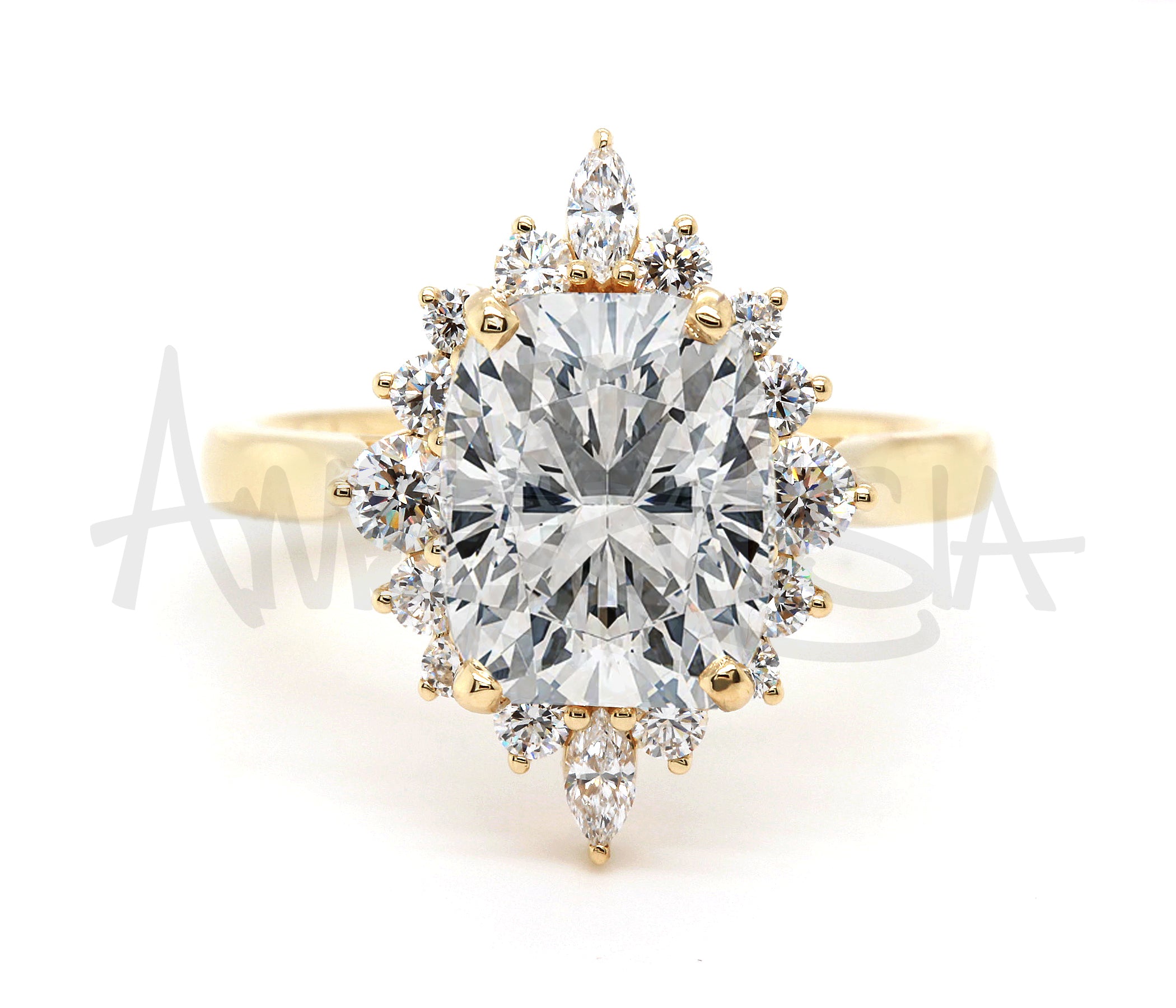 Elongated Cushion Starburst Halo Engagement Ring