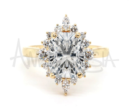 Elongated Cushion Starburst Halo Engagement Ring