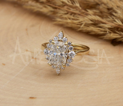 Elongated Cushion Starburst Halo Engagement Ring