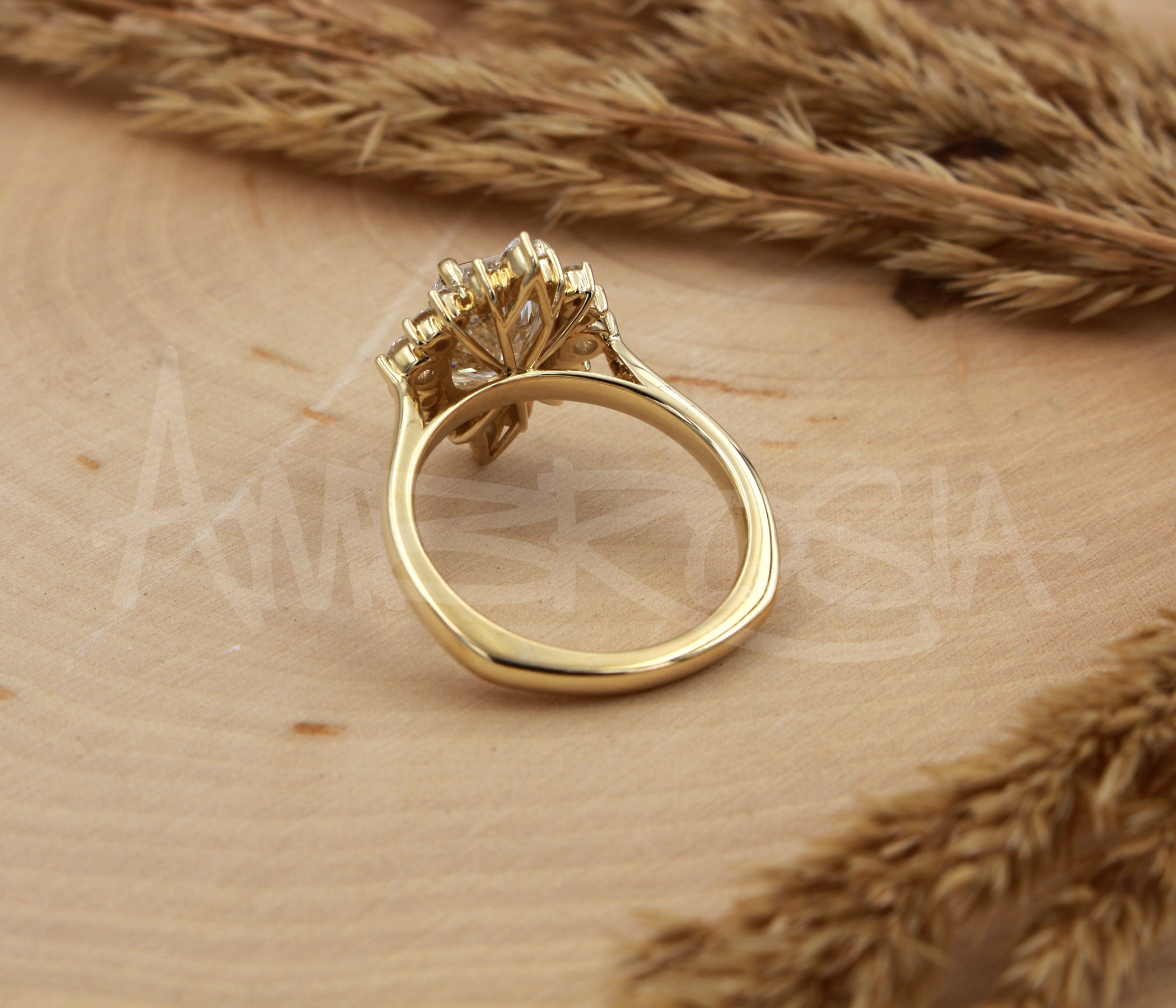 Elongated Cushion Starburst Halo Engagement Ring