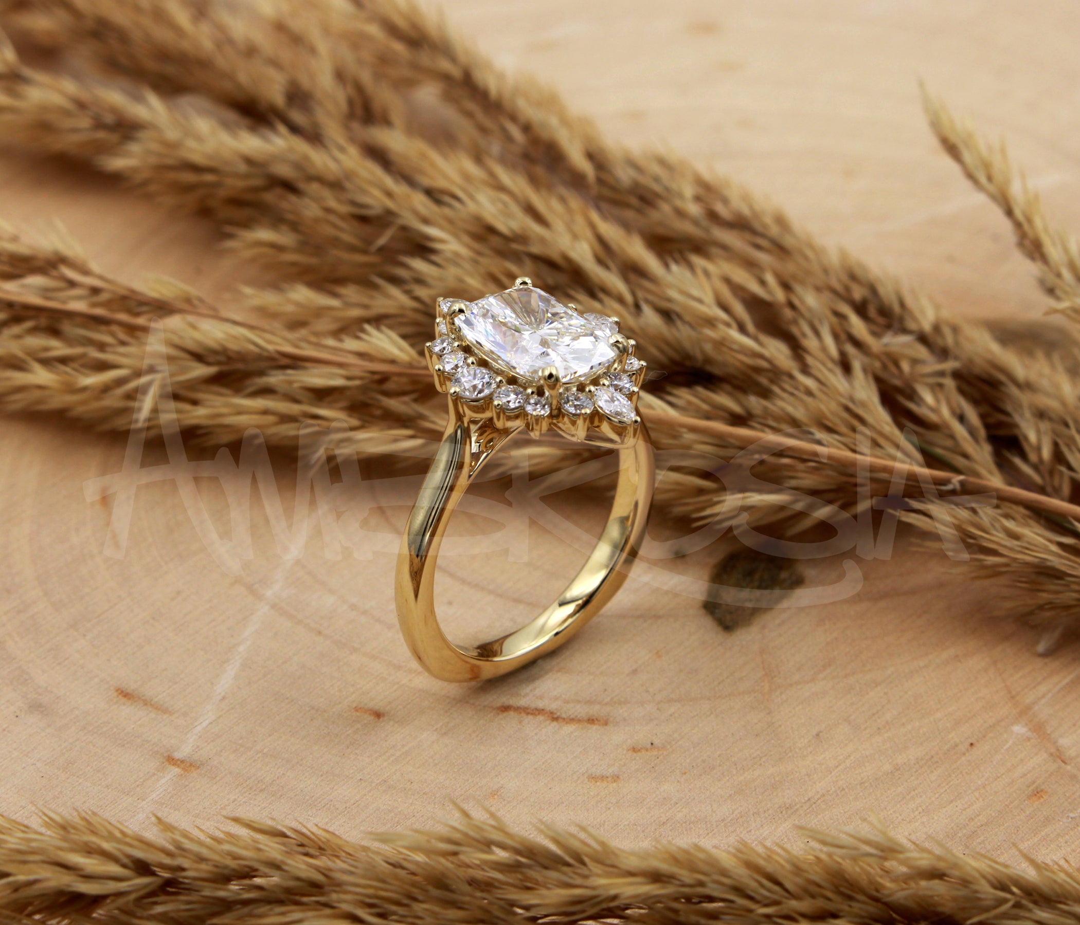 Elongated Cushion Starburst Halo Engagement Ring