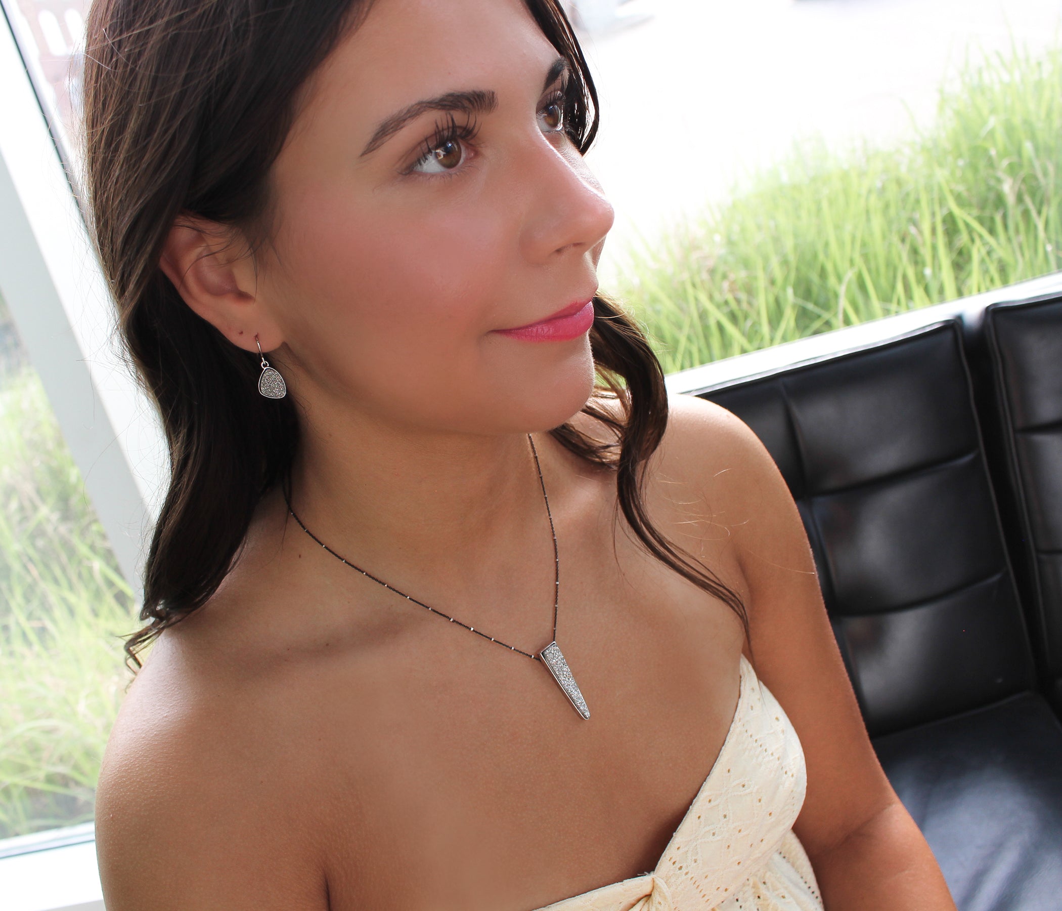 Large Elongated Triangle Platinum Druzy Necklace