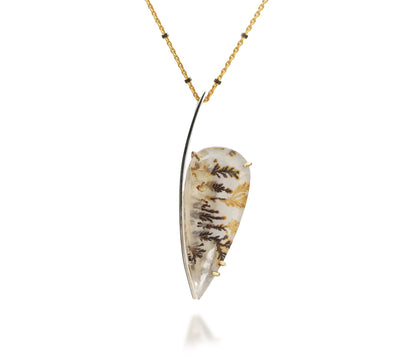 Dendritic Quartz Floral Offset Teardrop Gold Necklace