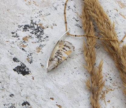 Dendritic Quartz Floral Offset Teardrop Gold Necklace